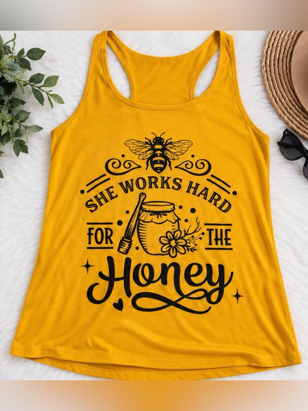 🐝 Mustard Yellow “She Works Hard for the Honey” Racerback Tank — Size S